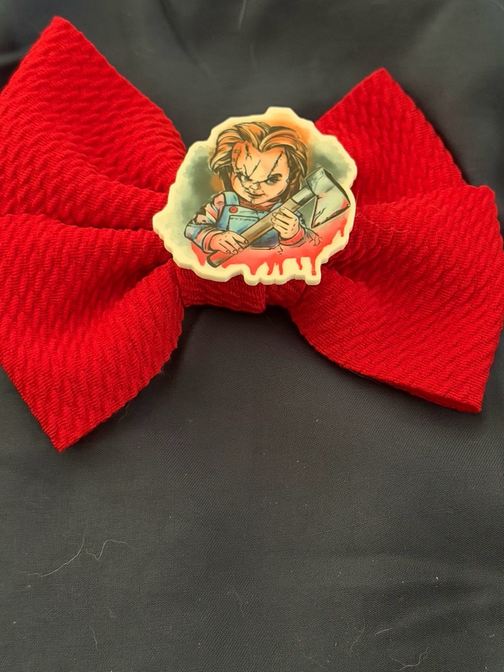 Red Bow Hair Clip with Character Badge